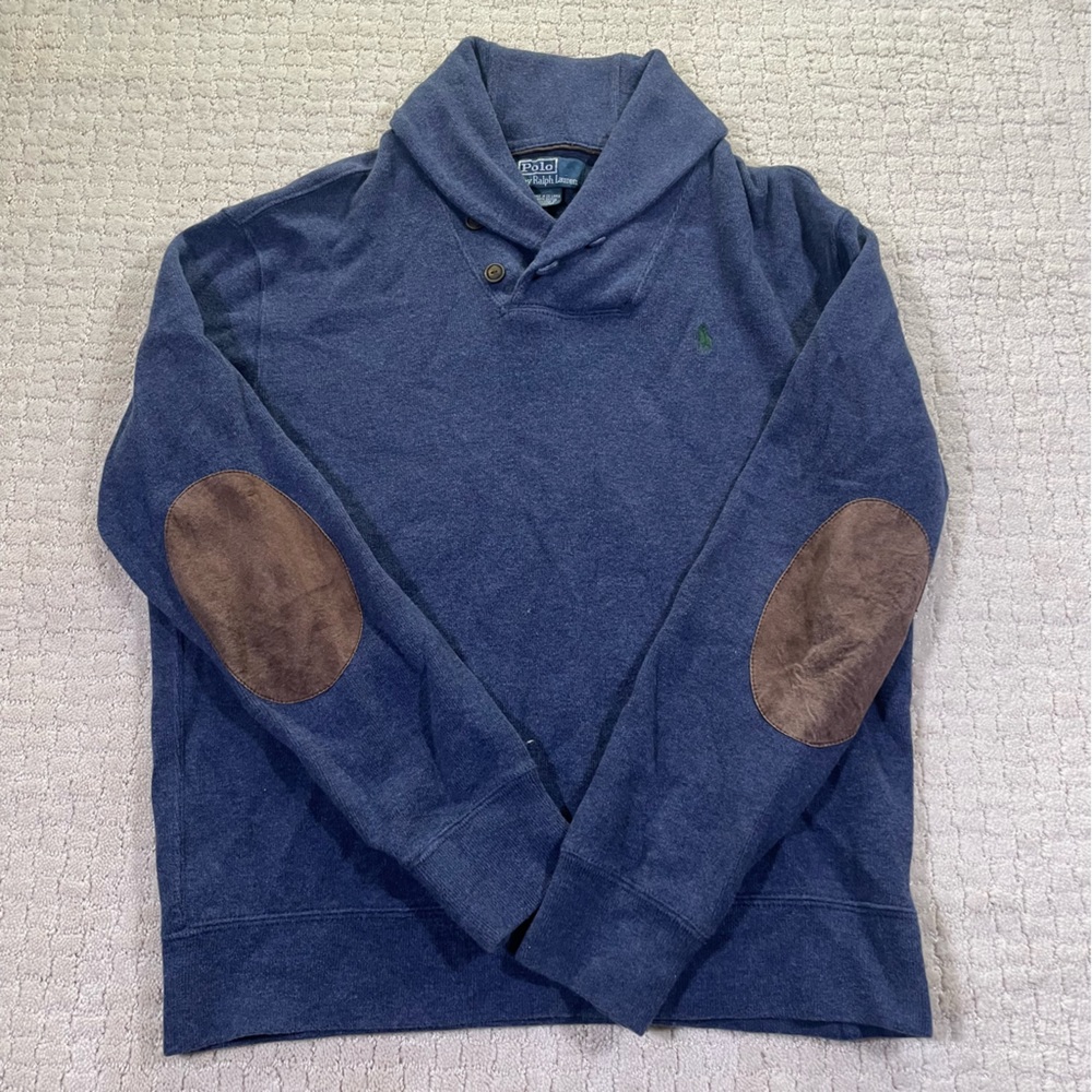 Polo Ralph Lauren Sweater Mens M Blue Shall Collar Elbow Patches